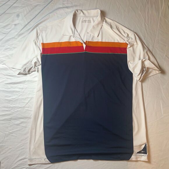 Nike Golf Polo Mens Sz XXL 2XL White Block Stripe Blue Orange Red Dri-Fit Preppy - Picture 1 of 6